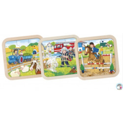 PUZZLE en BOIS GOKI 9 PIÈCES : TRACTEUR , POMPIERS , CHEVAUX