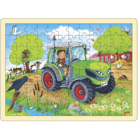 PUZZLE en BOIS GOKI 96 Pièces : TRACTEUR à la FERME