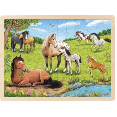 PUZZLE en BOIS GOKI 96 PIÈCES : CHEVAUX AU PRÉ